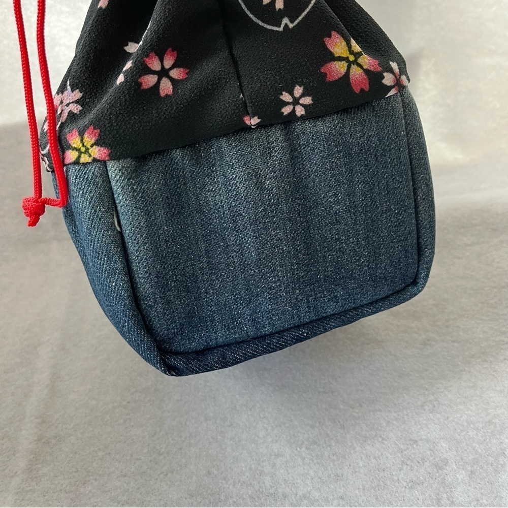 CHERRY BLOSSOM Drawstring Cosmetic Bag Denim Blue Pink Sakura - Picture 8 of 10